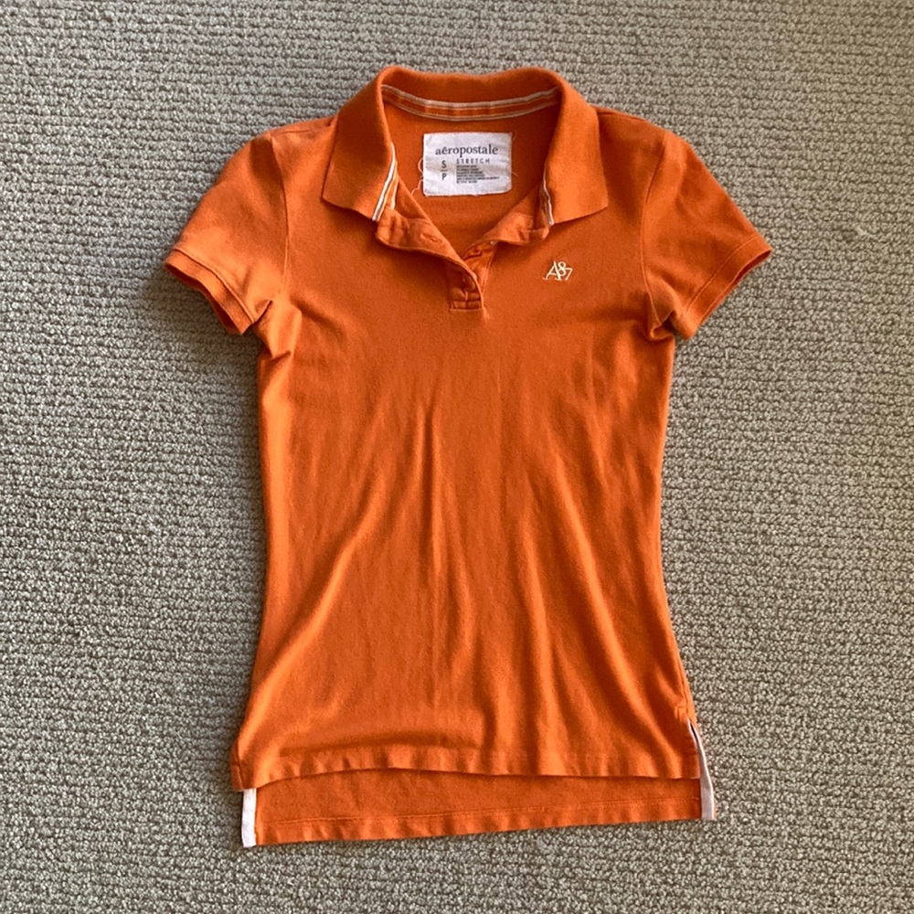 Aeropostale Y2K Orange Stretch Polo Short Sleeve Button Down Blouse Solid Small